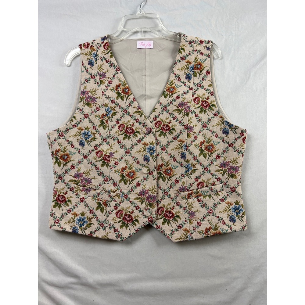 Pink Lily Floral Tapestry Vest Women XL Cream Multi Button Front Lined Pockets